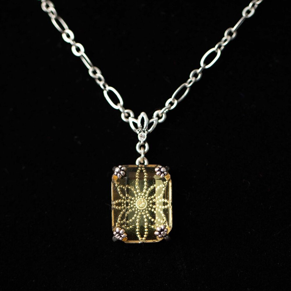 Vintage Avon NRT Rhinestone Pendant Necklace Yellow Crystal Silver Tone Floral
